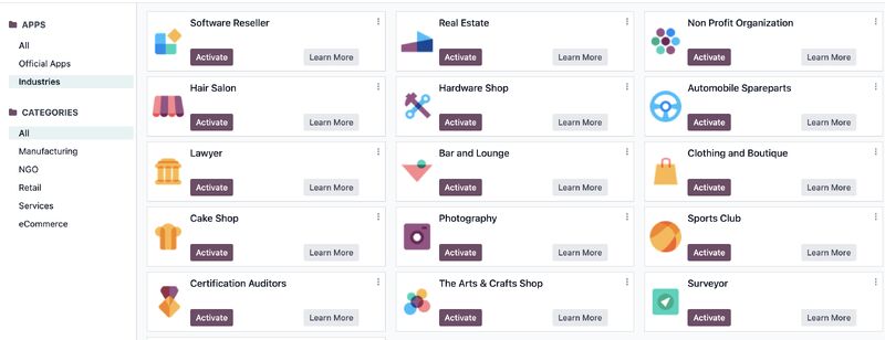 Giao diện lựa chọn lĩnh vực kinh doanh trong Odoo 17