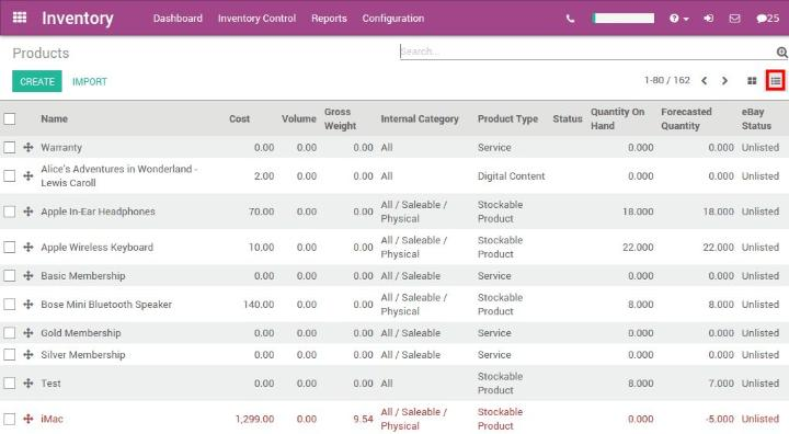 Giao diện quản lý kho trên Odoo Inventory