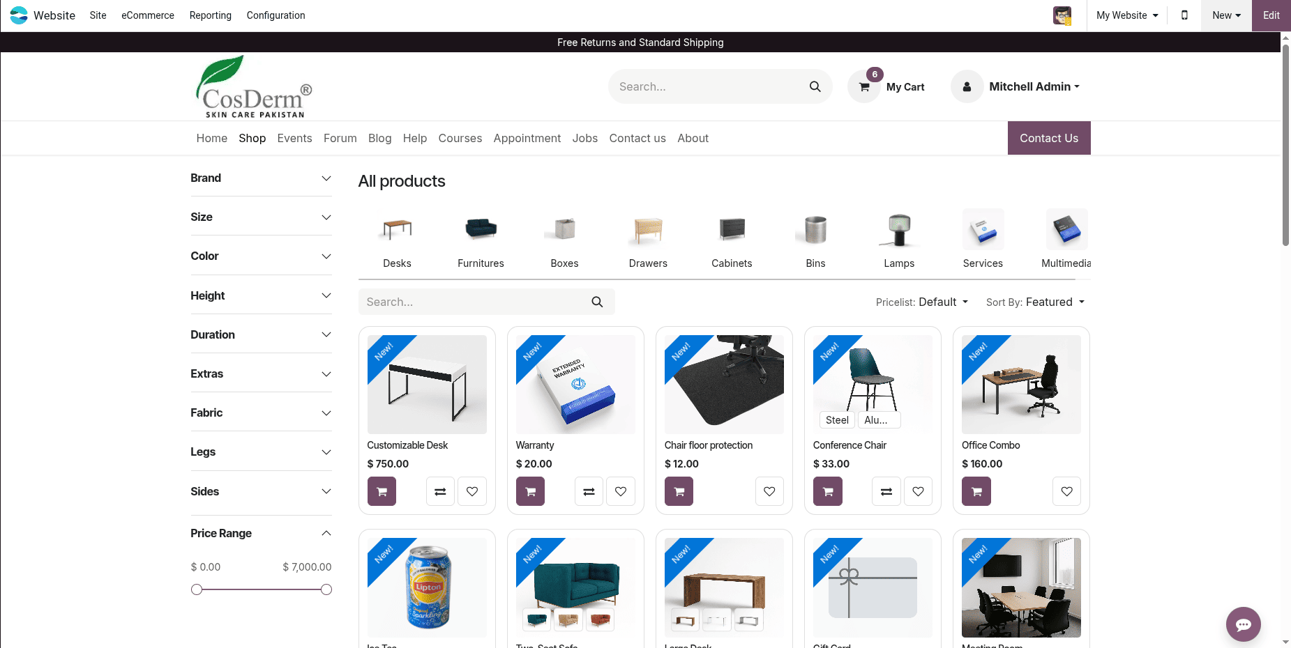Giao diện cửa hàng trực tuyến đầy đủ trên Odoo 19