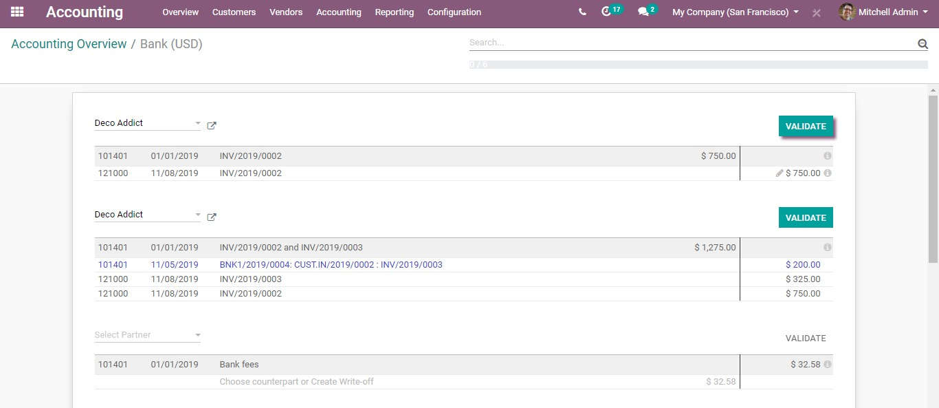 Giao diện đối chiếu trên Odoo Accounting