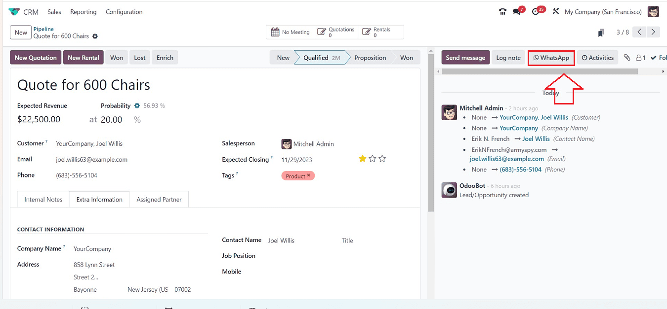 Khả năng tích hợp Whatsapp vào Chatter trong Odoo 17