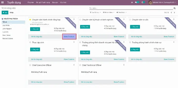 Giao diện quản lý tuyển dụng của Odoo HRM